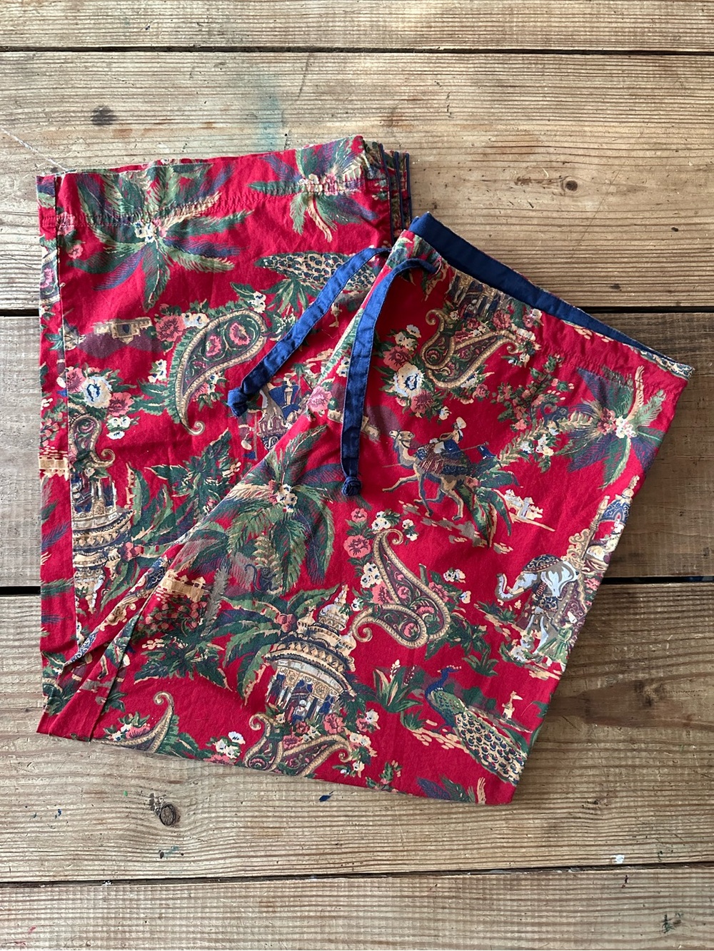 Pottery Barn chinoiserie pants lounge India elephants red drawstring cottagecore